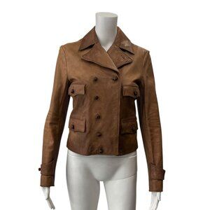 $1695 Ralph Lauren Brown Leather Distressed Cropped Slim Jacket size Small